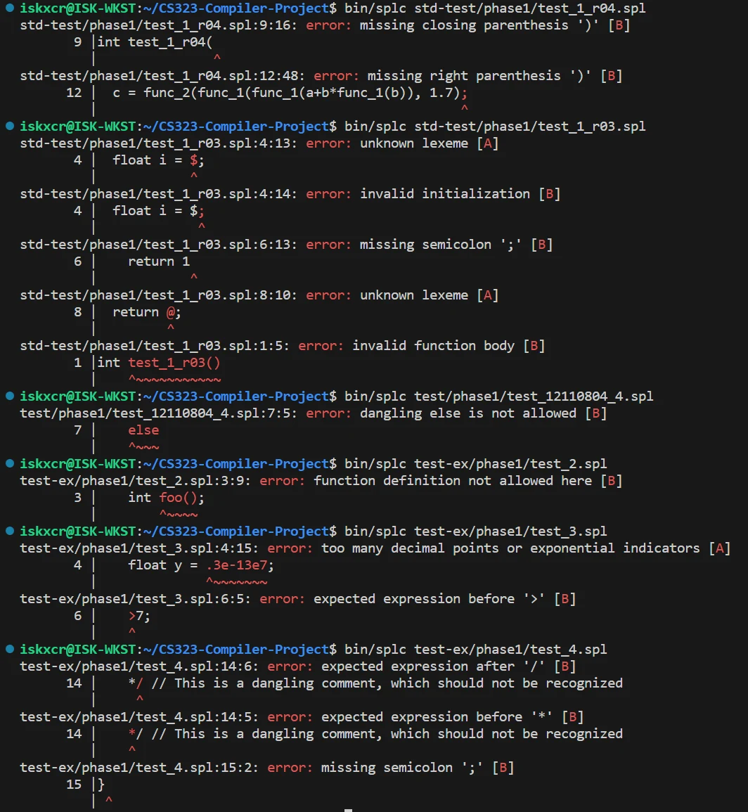 Compiler terminal output showing syntax diagnostics